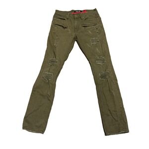 Makobi Mens 32 x 32 Moto Denim Pants Olive Green Distressed Zippers